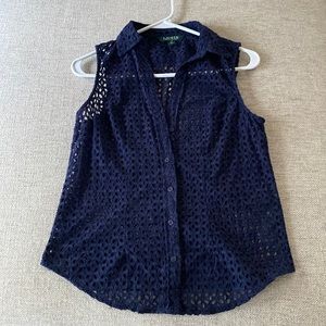 Ralph Lauren Navy Crochet Collared Vest Size XS